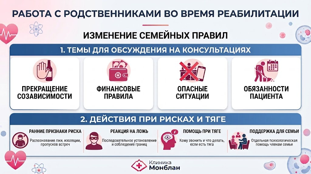 инфографика клиники «Монблан» в розово-белых тонах, детализирующая работу с родственниками во время реабилитации